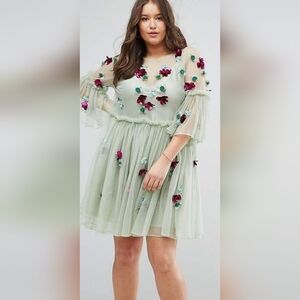 ASOS Curve Embellished Mesh Fluted Sleeve Smock MiniDress